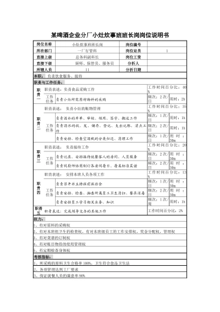 某啤酒企业分厂小灶炊事班班长岗岗位说明书
