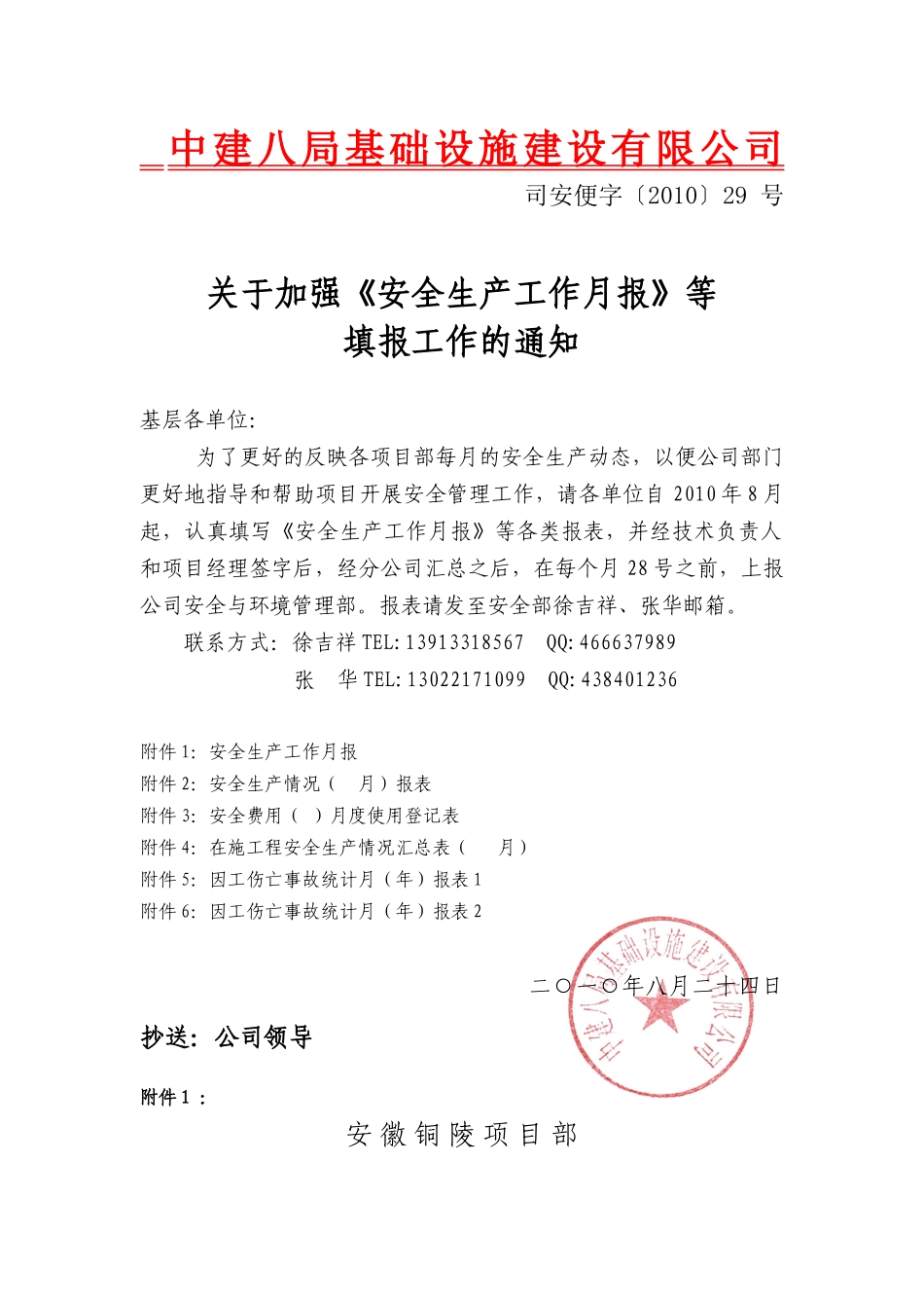 XXXX年2月份 铜陵项目《安全生产工作月报》等填报工作的通知_第1页