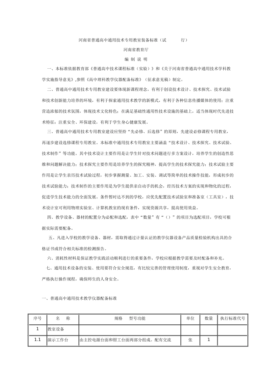 河南省普通高中通用技术专用教室装备标准（试行）_第1页