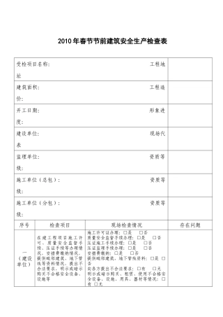 XXXX年春节节前建筑安全生产检查表-建筑安全生产隐患排