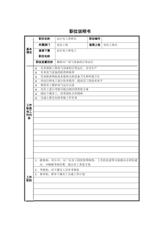 运行电工班班长职位说明书