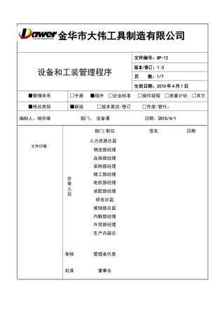 QP-12设备和工装管理程序XXXX0610