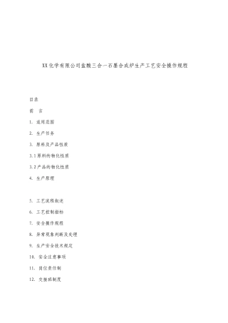 XX化学有限公司盐酸三合一石墨合成炉生产工艺安全操作规程