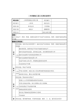 二车间测试工段工长岗位说明书