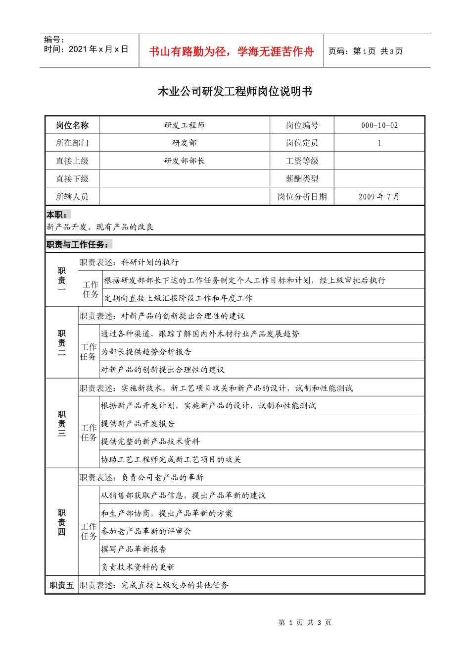 木业公司研发工程师岗位说明书_第1页