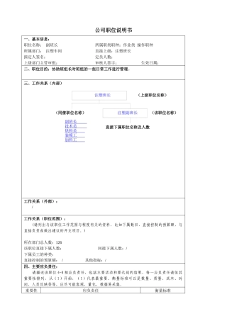 某大型汽车零部件公司注塑车间副班长职位说明书