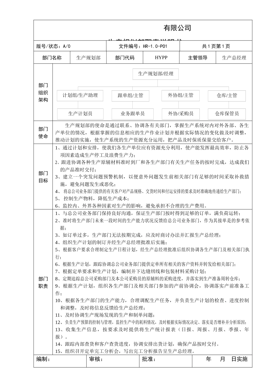 某公司生产规划部职责说明书_第1页