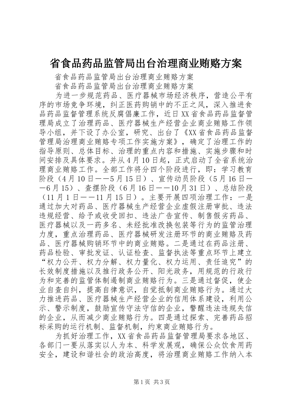 省食品药品监管局出台治理商业贿赂实施方案_第1页