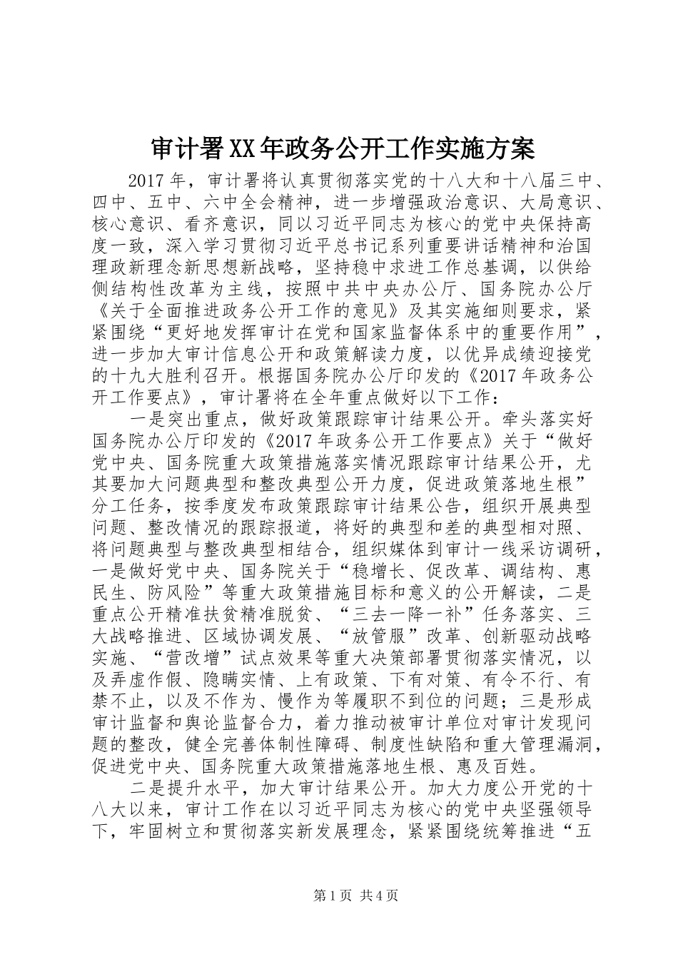 审计署XX年政务公开工作方案_第1页