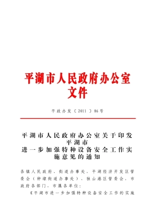 关于平湖市加强特种设备安全工作的实施意见