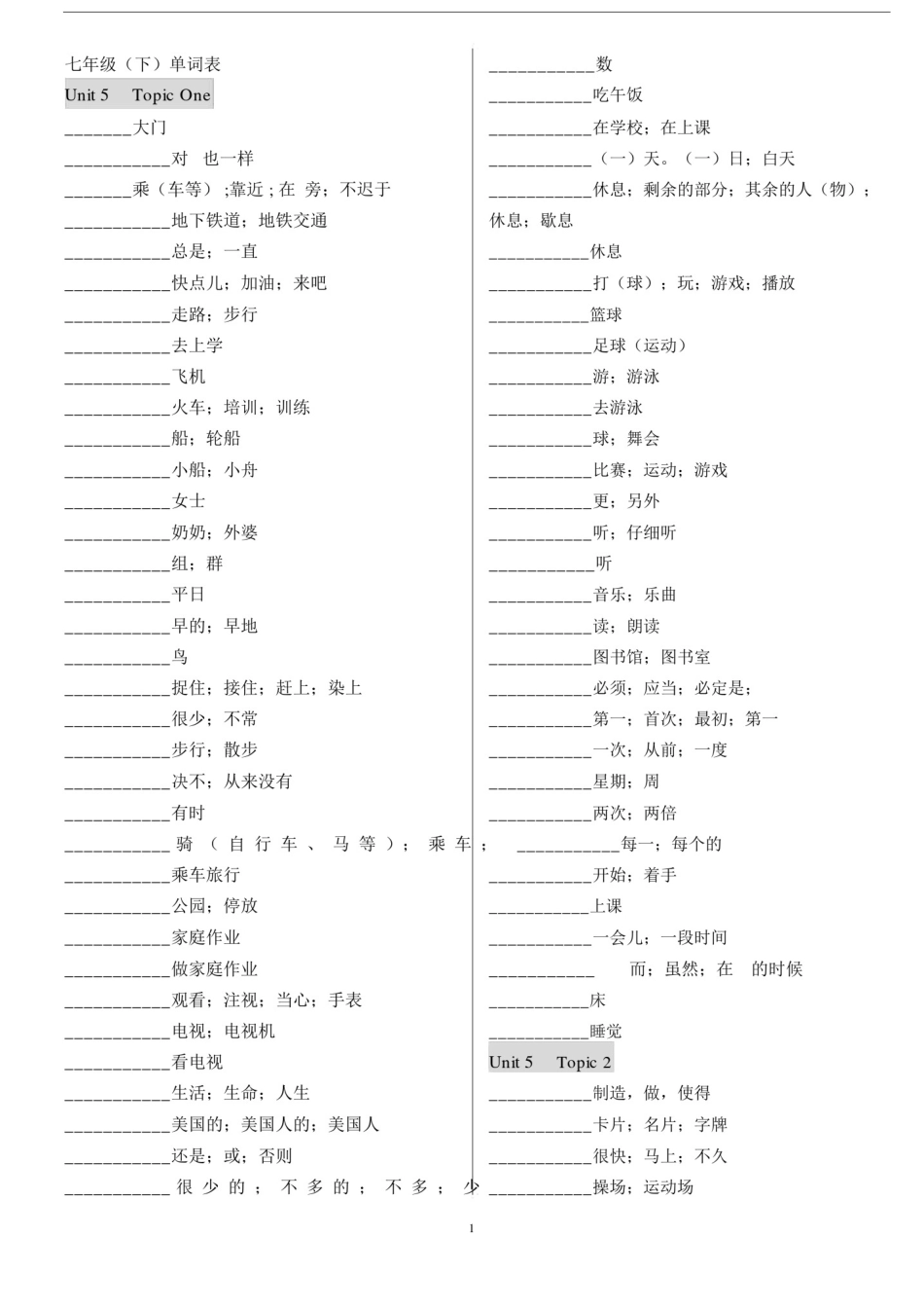 (完整word版)仁爱英语七年级下册单词表(供默写).doc_第1页