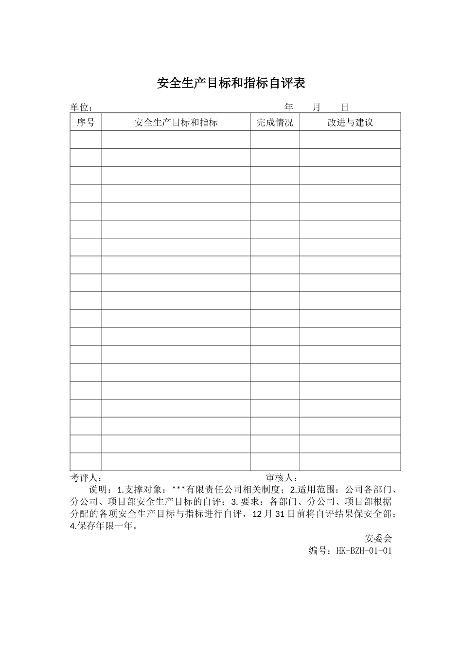 安全生产目标和指标自评表_第1页