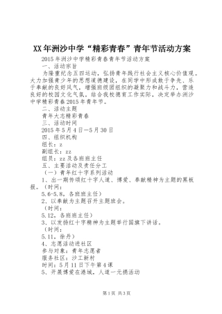 XX年洲沙中学“精彩青春”青年节活动实施方案