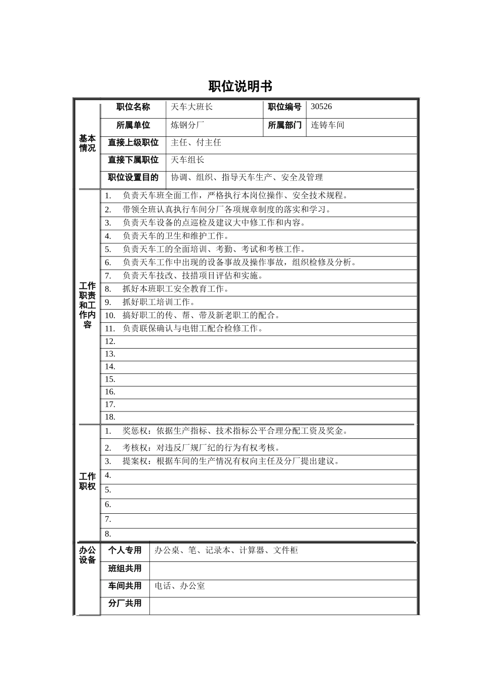 炼钢分厂连铸车间天车大班长职位说明书_第1页