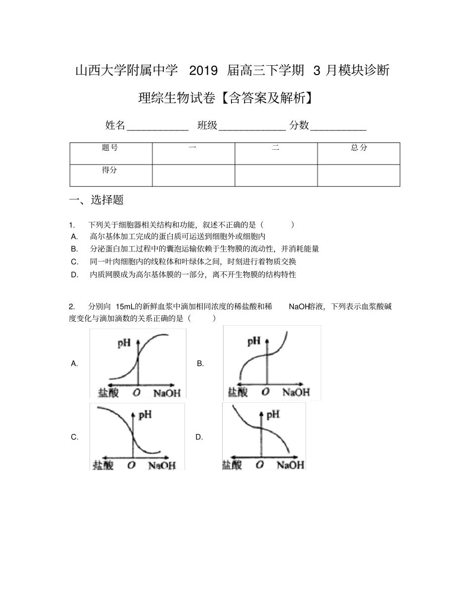 山西大学附属中学2019届高三下学期3月模块诊断理综生物试卷【含答案及解析】_第1页