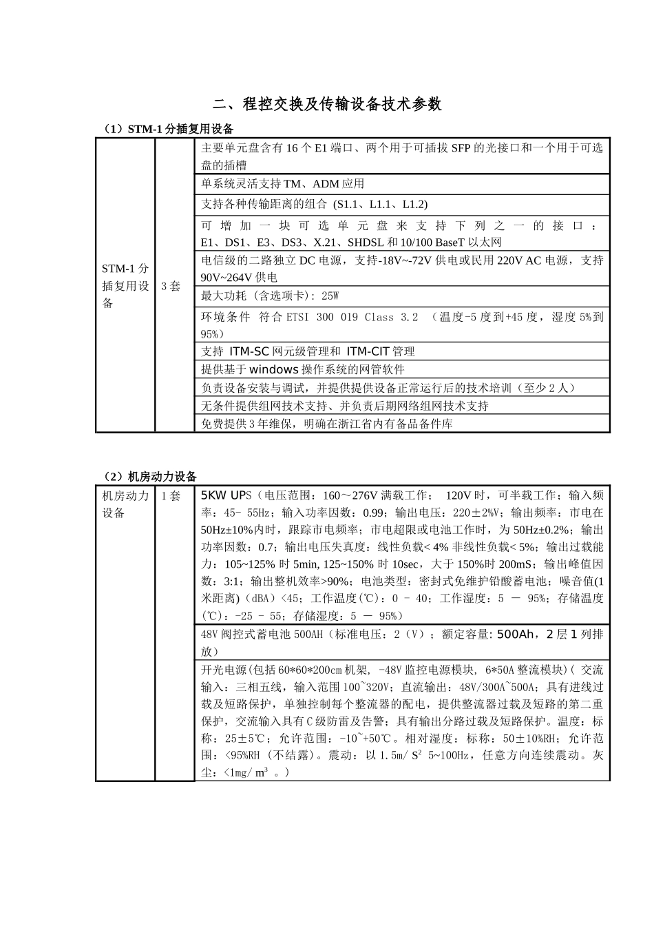 程控交换及传输设备技术参数_第1页