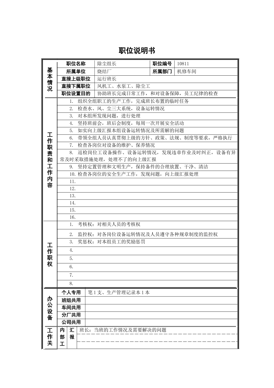 烧结厂除尘组长岗位说明书_第1页