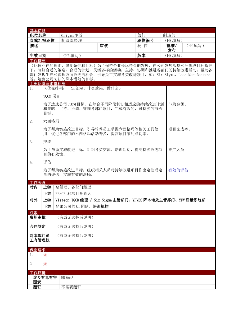 某大型电子公司制造部6sigma主管职位说明书_第1页