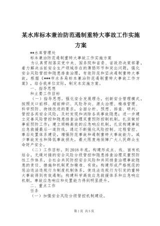 某水库标本兼治防范遏制重特大事故工作方案