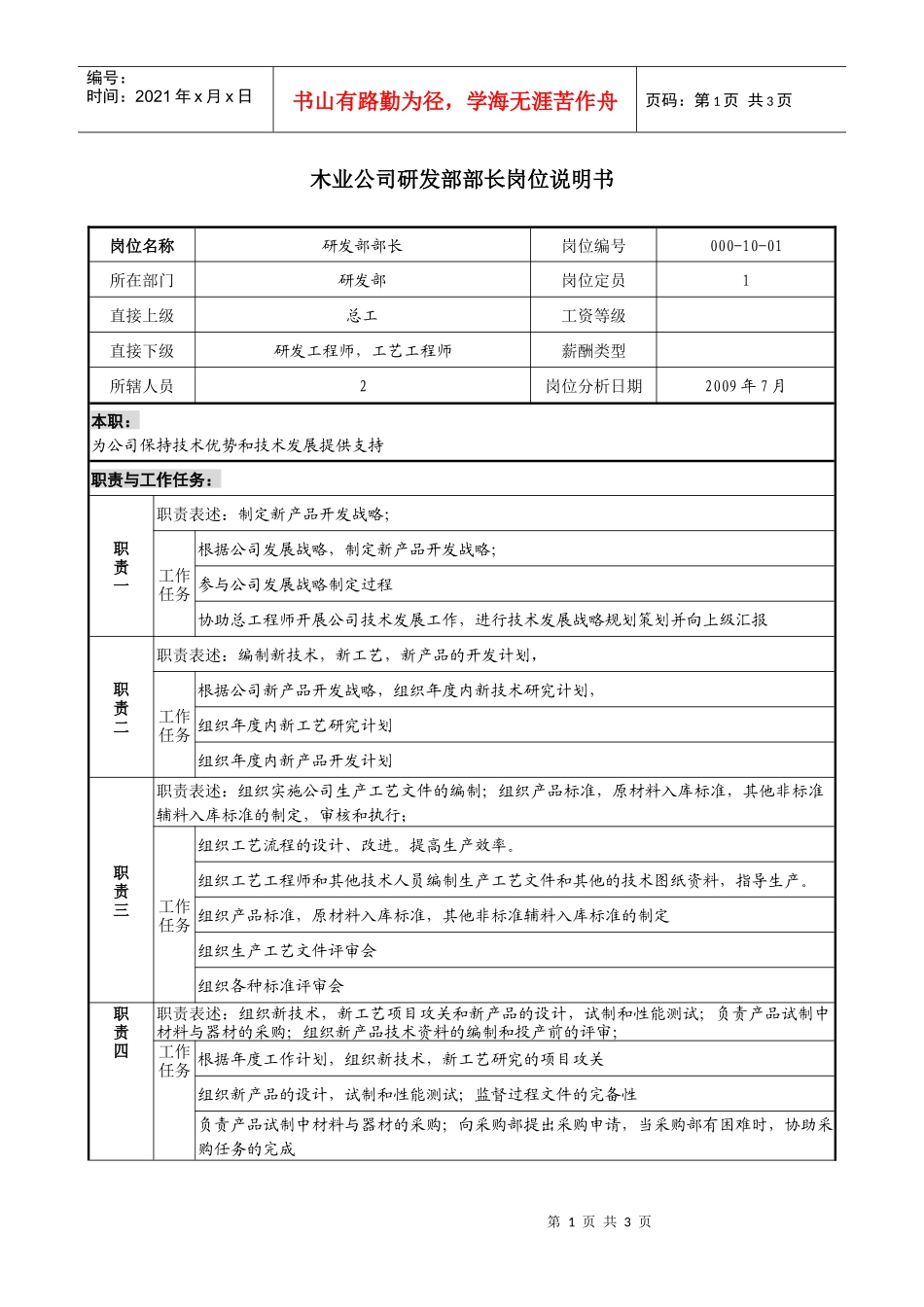 木业公司研发部部长岗位说明书_第1页