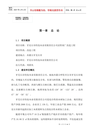 木质活性炭厂改造工程项目投资计划书