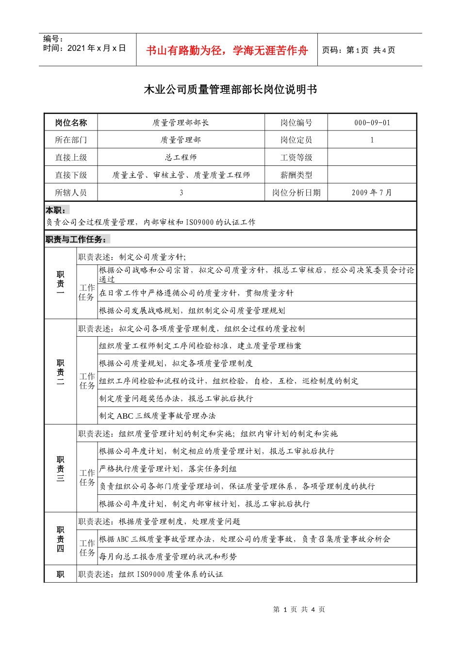 木业公司质量管理部部长岗位说明书_第1页