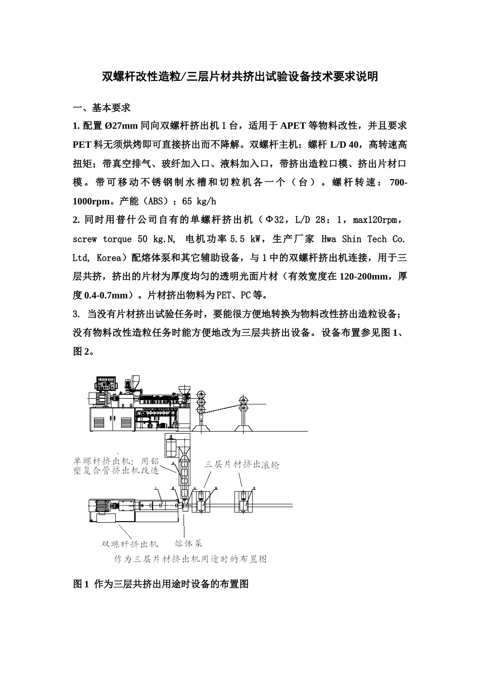 双螺杆改性造粒三层片材共挤出试验设备技术要求说明_第1页
