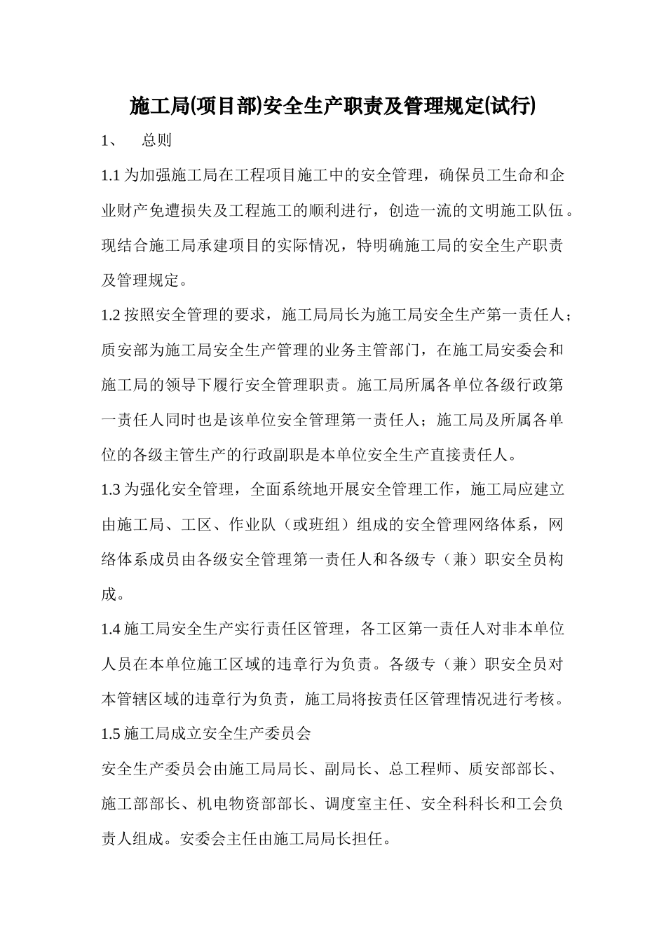 施工局(项目部)安全生产职责及管理规定(试行)_第1页