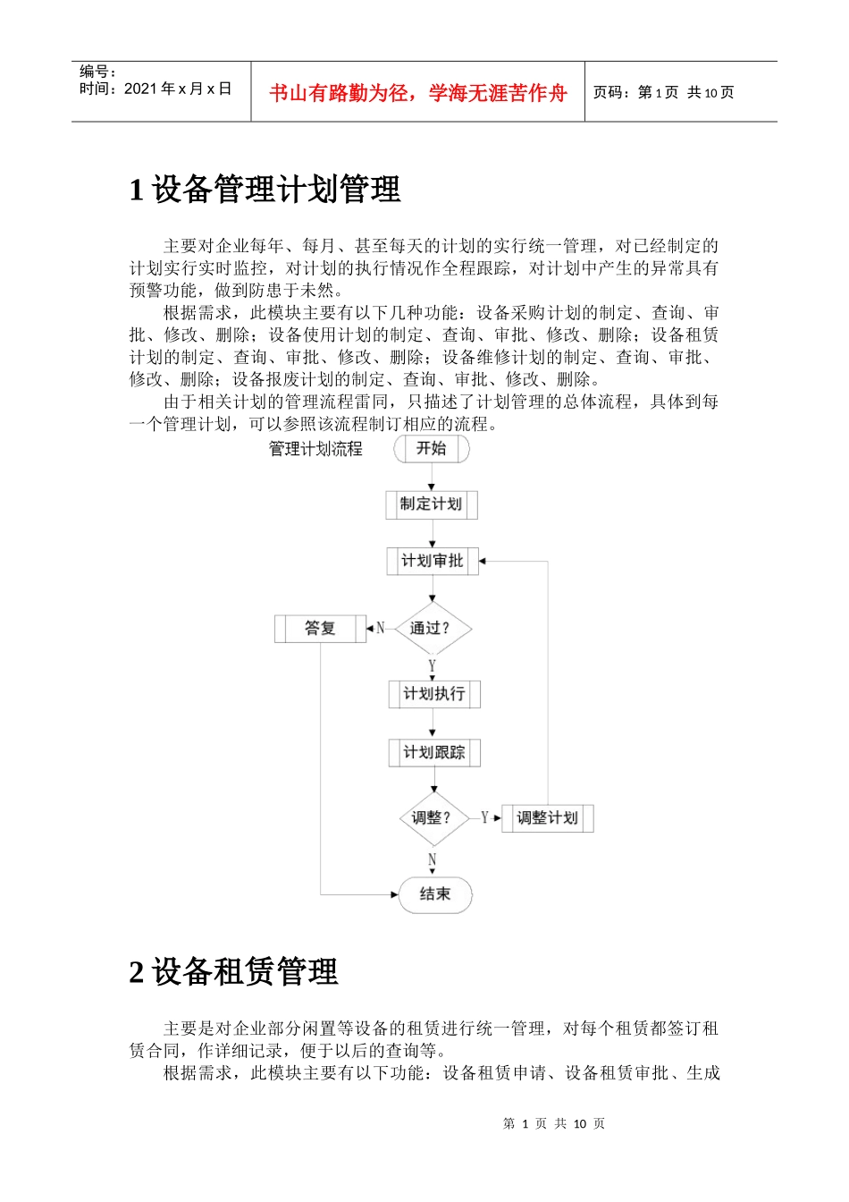 机电设备管理系统流程(设备管理计划管理、设备租赁管理、设备维修管理_第1页