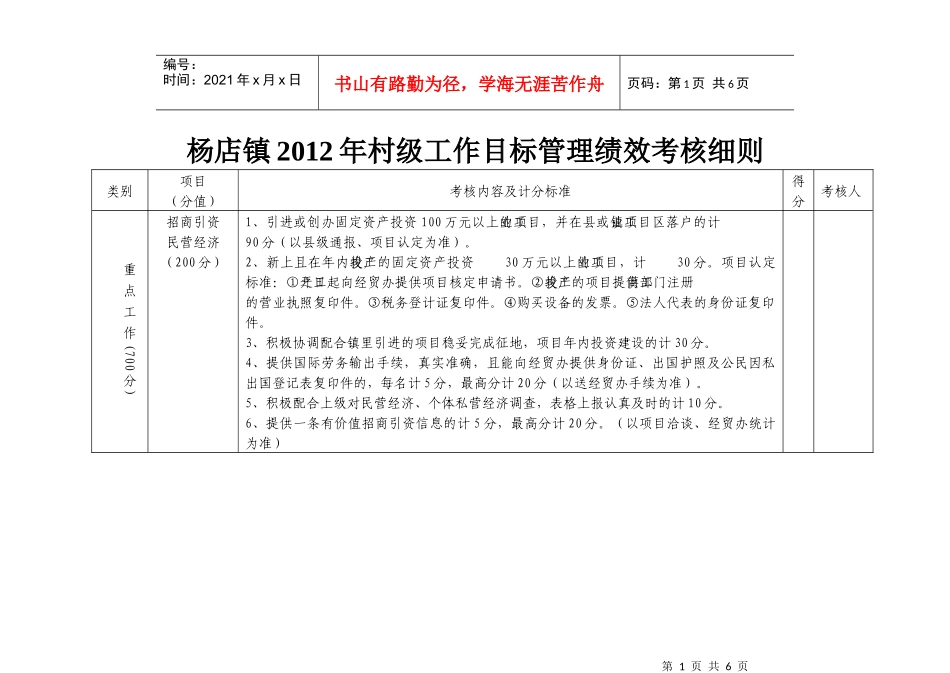 杨店镇村级目标管理绩效考核细则_第1页