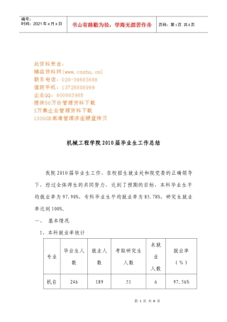 机械工程学院某届毕业生工作总结