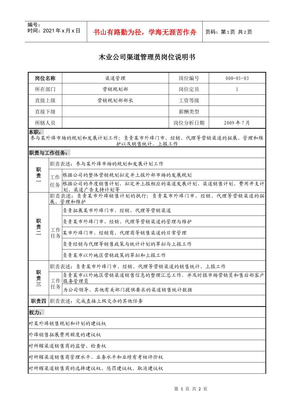 木业公司渠道管理员岗位说明书_第1页