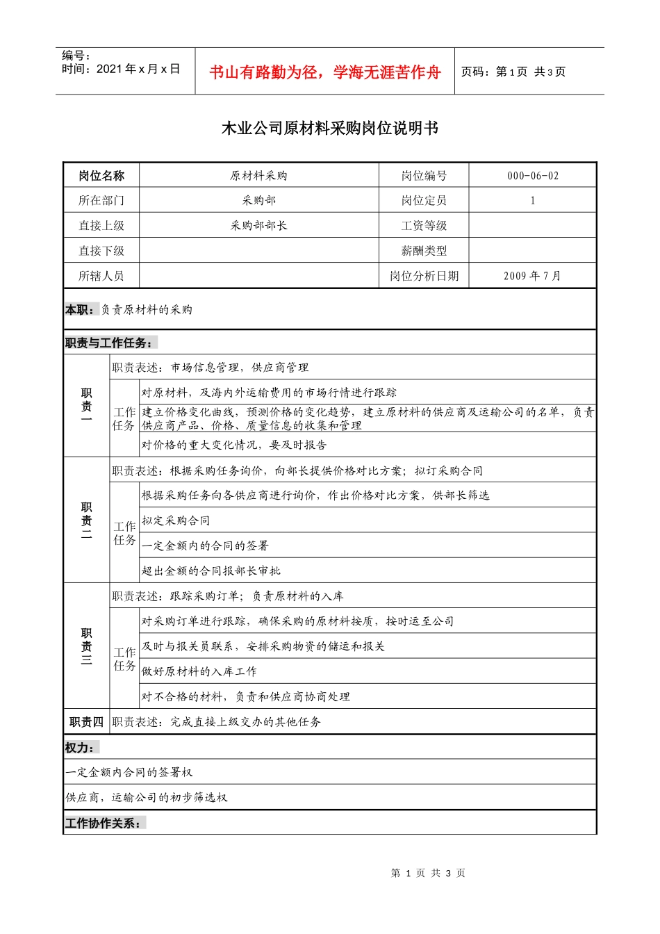木业公司原材料采购岗位说明书_第1页