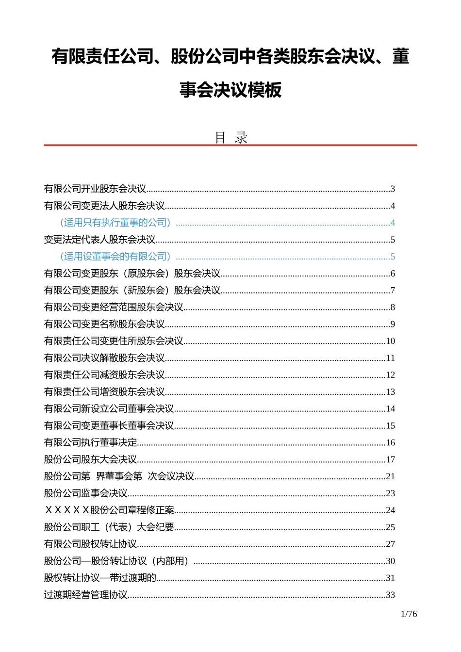 有限责任公司、股份公司中各类股东会决议、董事会决议模板_第1页