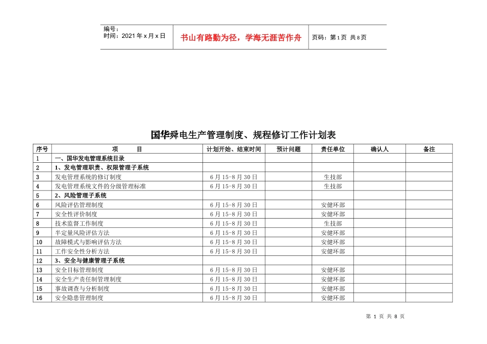 某企业生产管理制度及规程修订计划表_第1页