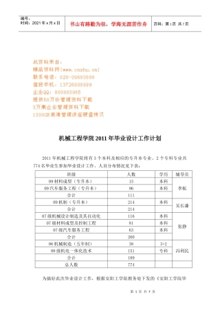 机械工程学院年度毕业设计工作计划