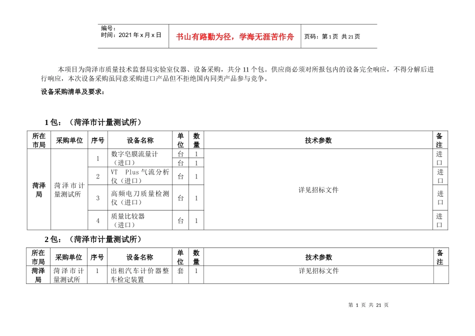 本项目为菏泽市质量技术监督局实验室仪器、设备采购，共分11个_第1页