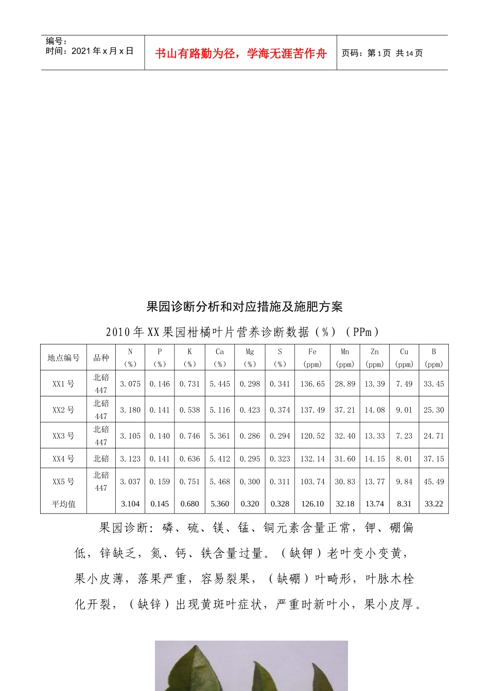 果园诊断分析与对应措施及施肥方案_第1页