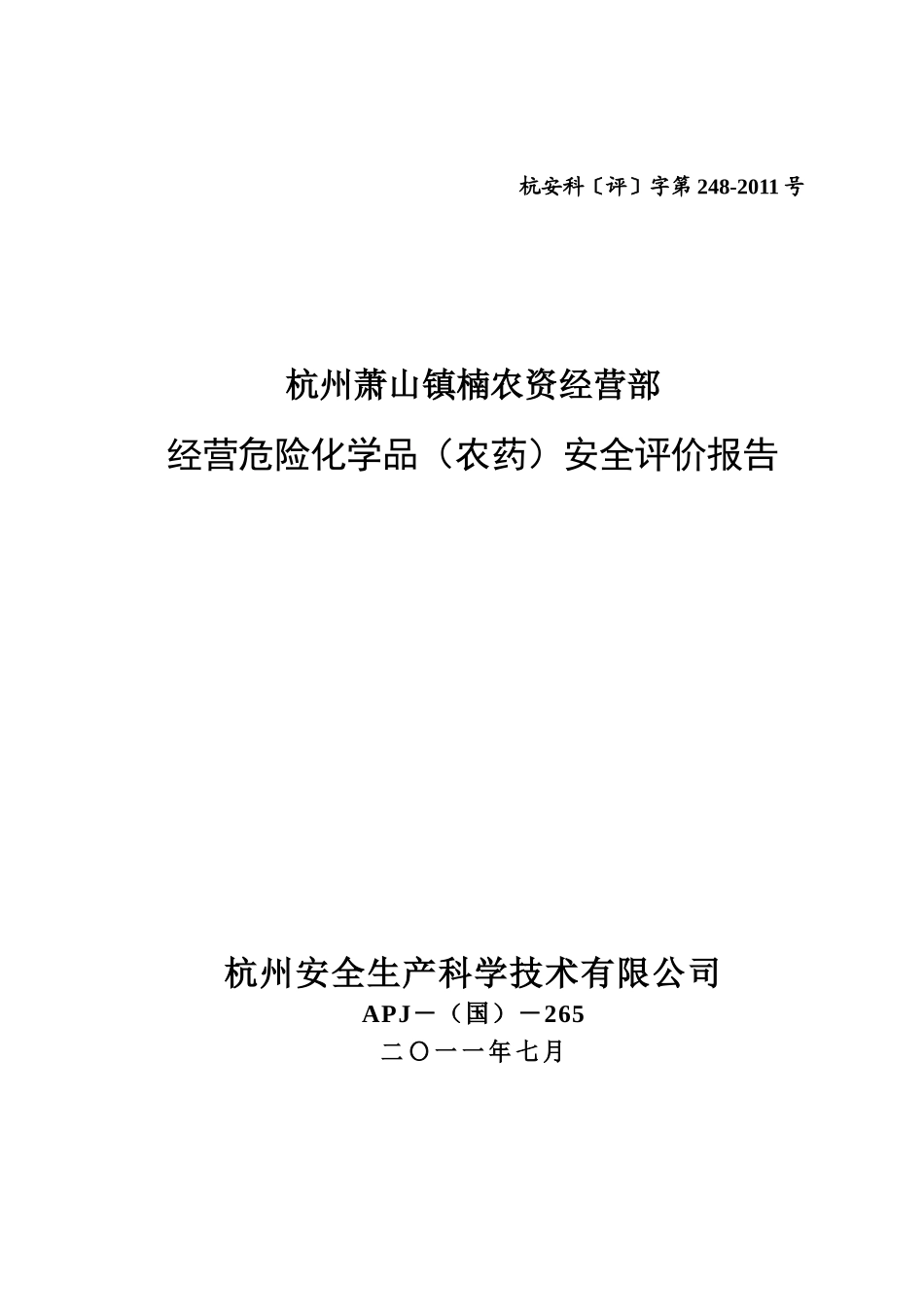 杭州萧山镇楠农资经营部安评报告_第1页