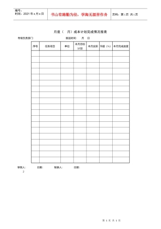 月度成本计划完成情况报表