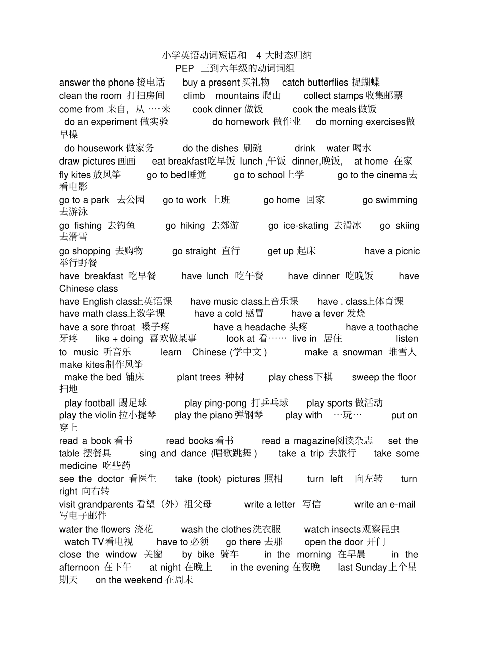 小学英语动词短语和4大时态归纳_第1页