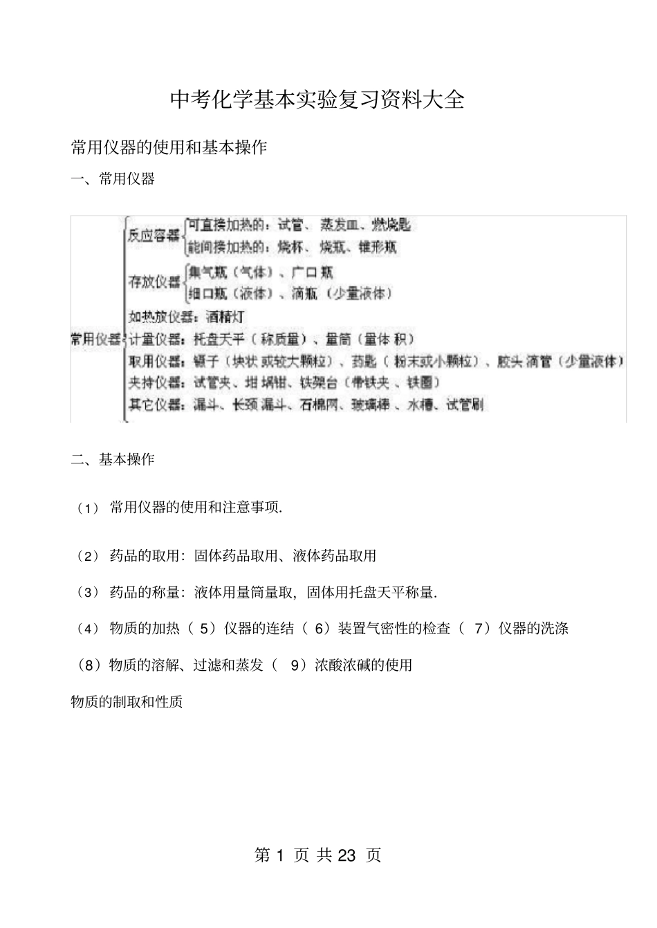 中考化学基本实验复习资料大全_第1页