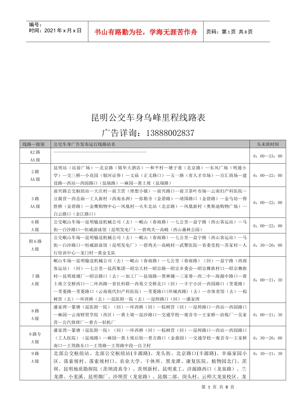 昆明公交车身乌峰里程线路表汇编_第1页