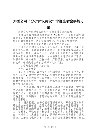 天源公司“分析评议阶段”专题生活会方案