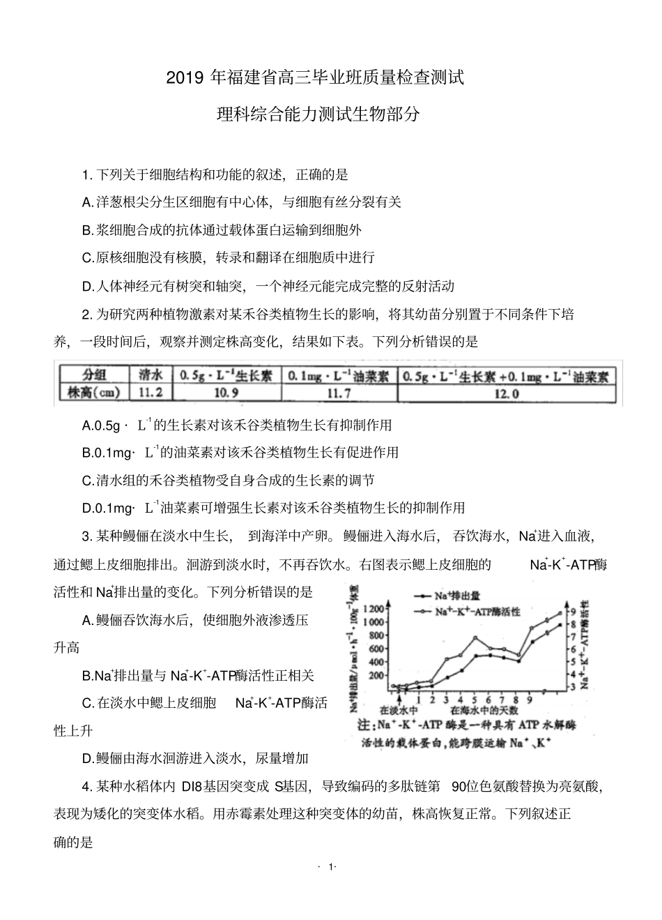 (理综六)2019年福建省高中毕业班质量检测理综生物(WORD版含答案)_第1页