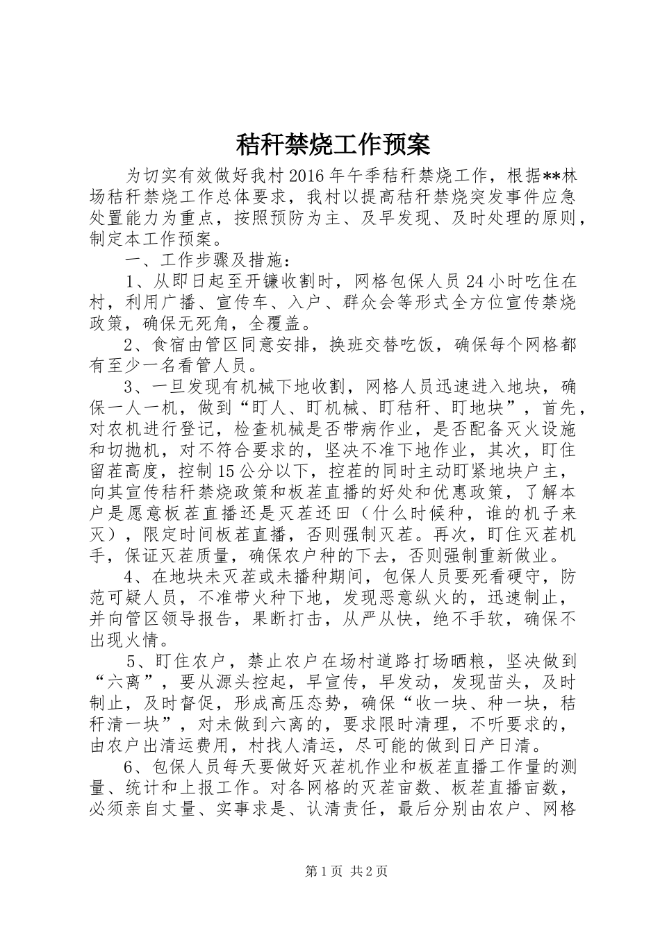 秸秆禁烧工作应急预案_第1页