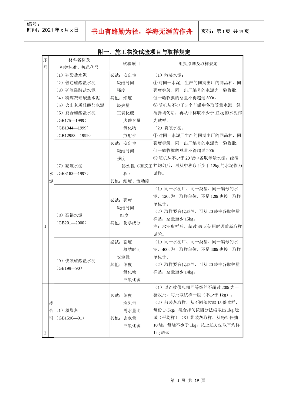 施工物资试验项目与取样规定_第1页