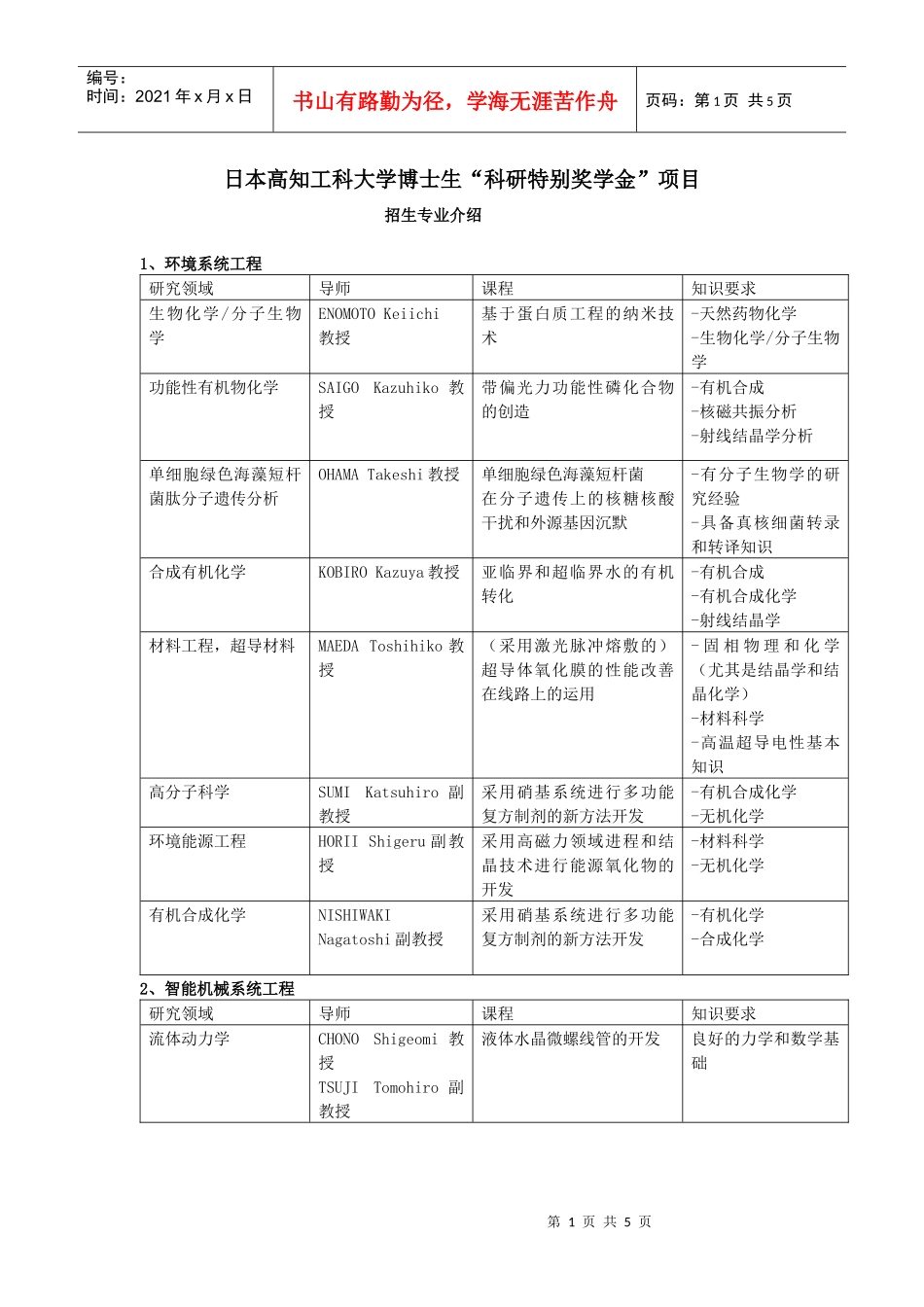 日本高知工科大学博士生“科研特别奖学金”项目_第1页