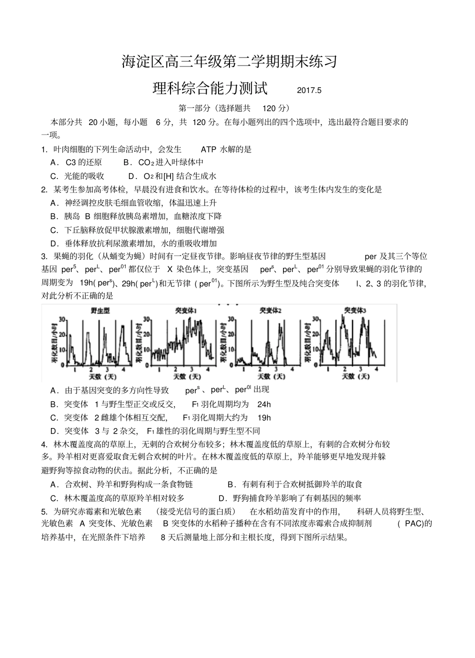 北京市海淀区2017届高三5月期末练习(二模)理综试卷(含答案)_第1页