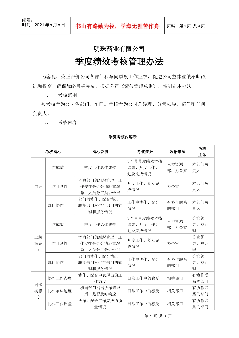 明珠药业季度绩效考核管理办法1_第1页